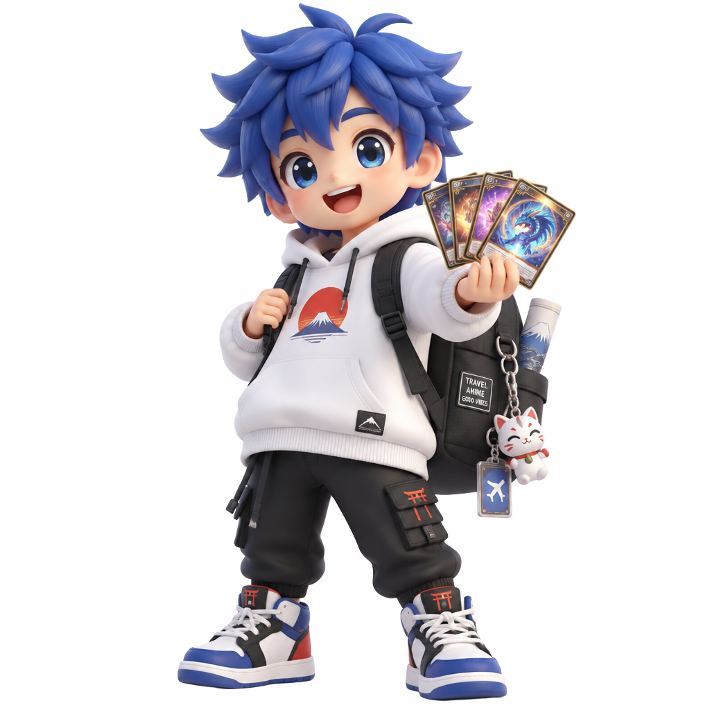 Kaito, the Otaku Finder mascot, holding trading cards